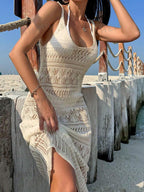 Vestido Saída de Praia Longo Transpassado em Tricô Vazado - La Lecce