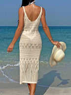 Vestido Saída de Praia Longo Transpassado em Tricô Vazado - La Lecce