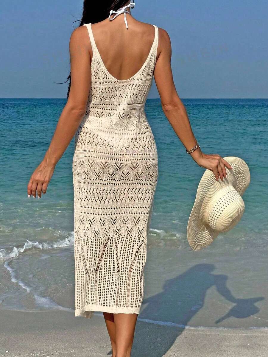 Vestido Saída de Praia Longo Transpassado em Tricô Vazado - La Lecce