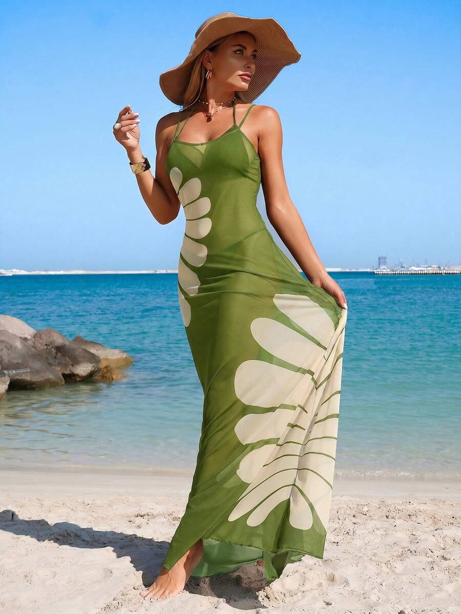 Saída de Praia Longa Transparente com Estampa de Folhagem