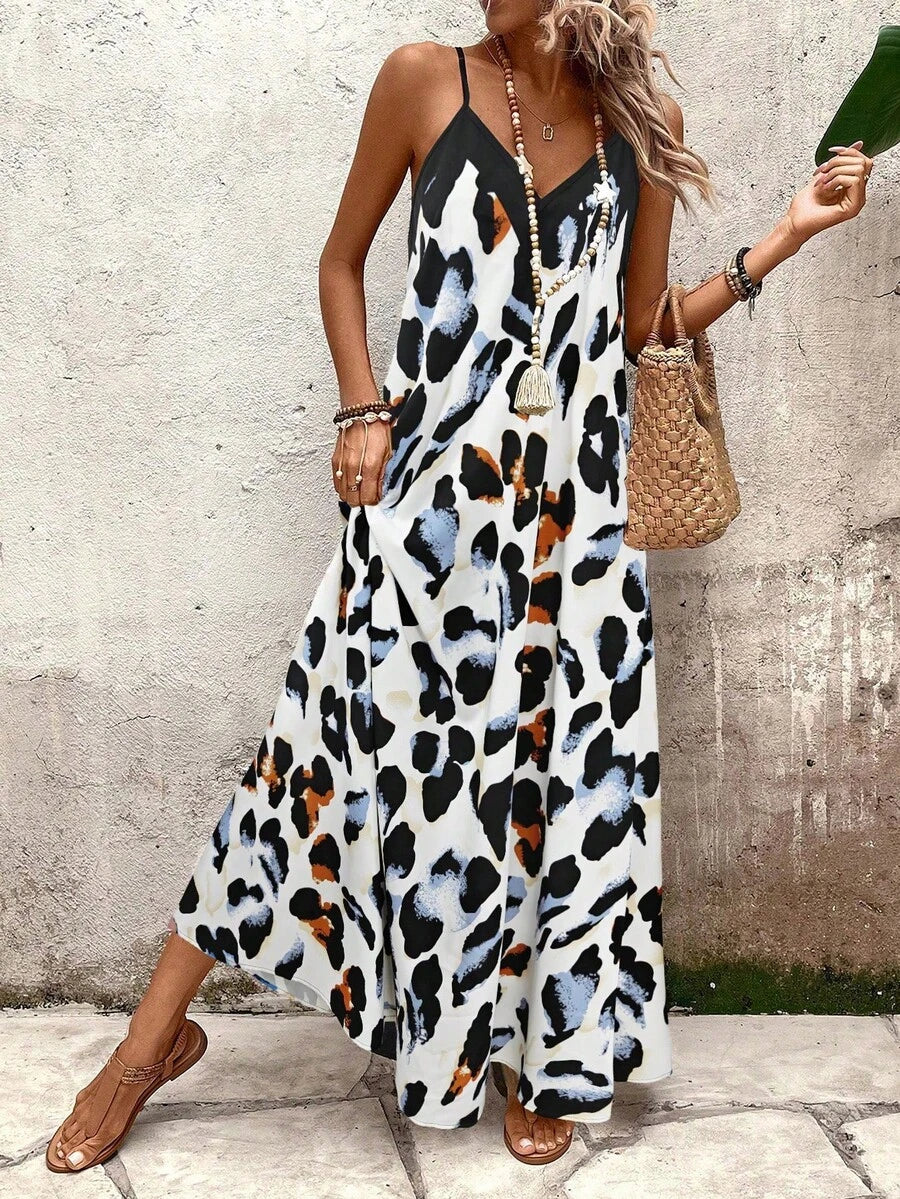 Vestido Longo Estampa de Leopardo com Costas Abertas - La Lecce