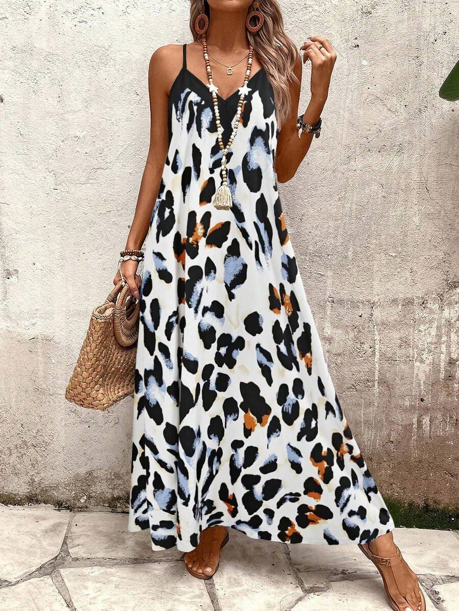 Vestido Longo Estampa de Leopardo com Costas Abertas - La Lecce