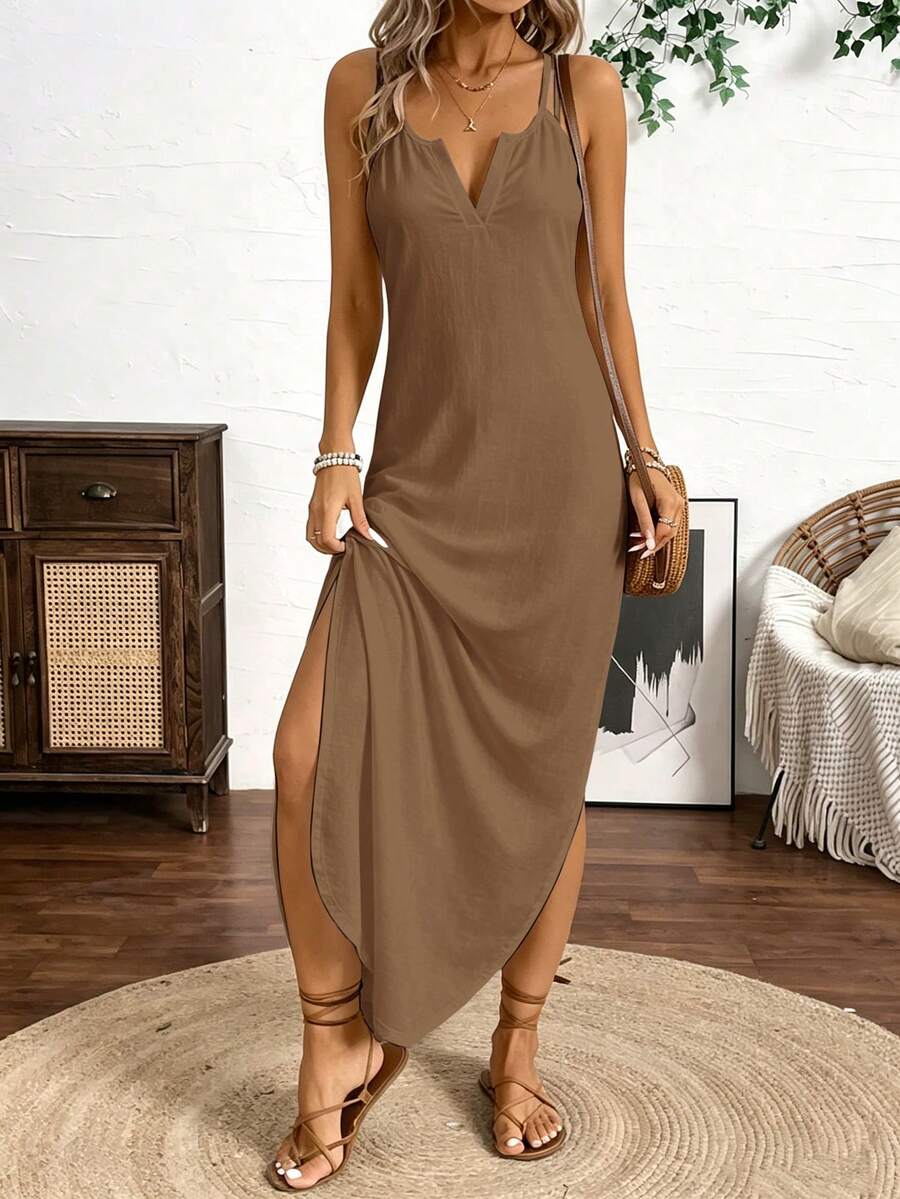 Vestido Longo de Alças com Listras Verticais e Fenda - La Lecce
