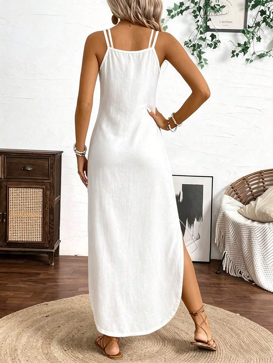 Vestido Longo de Alças com Listras Verticais e Fenda
