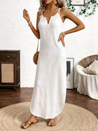 Vestido Longo de Alças com Listras Verticais e Fenda