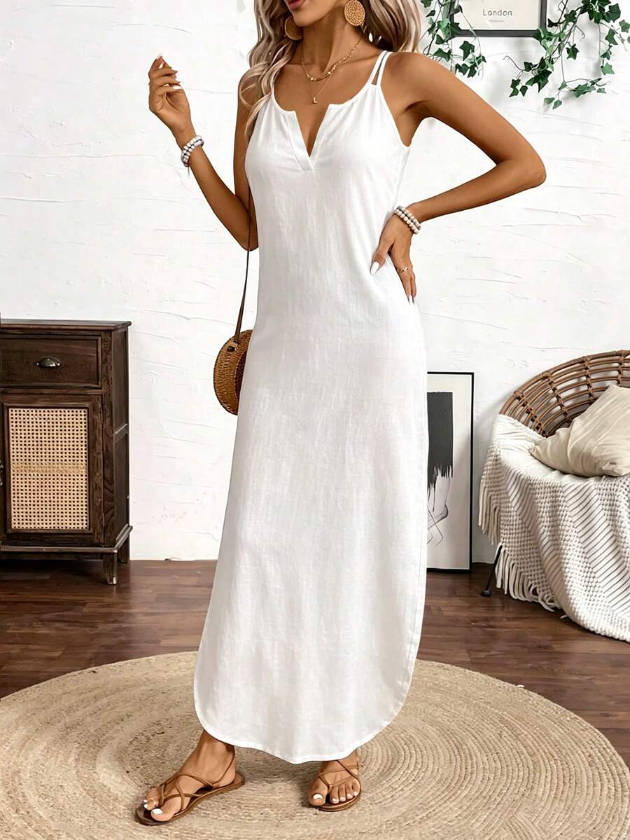 Vestido Longo de Alças com Listras Verticais e Fenda
