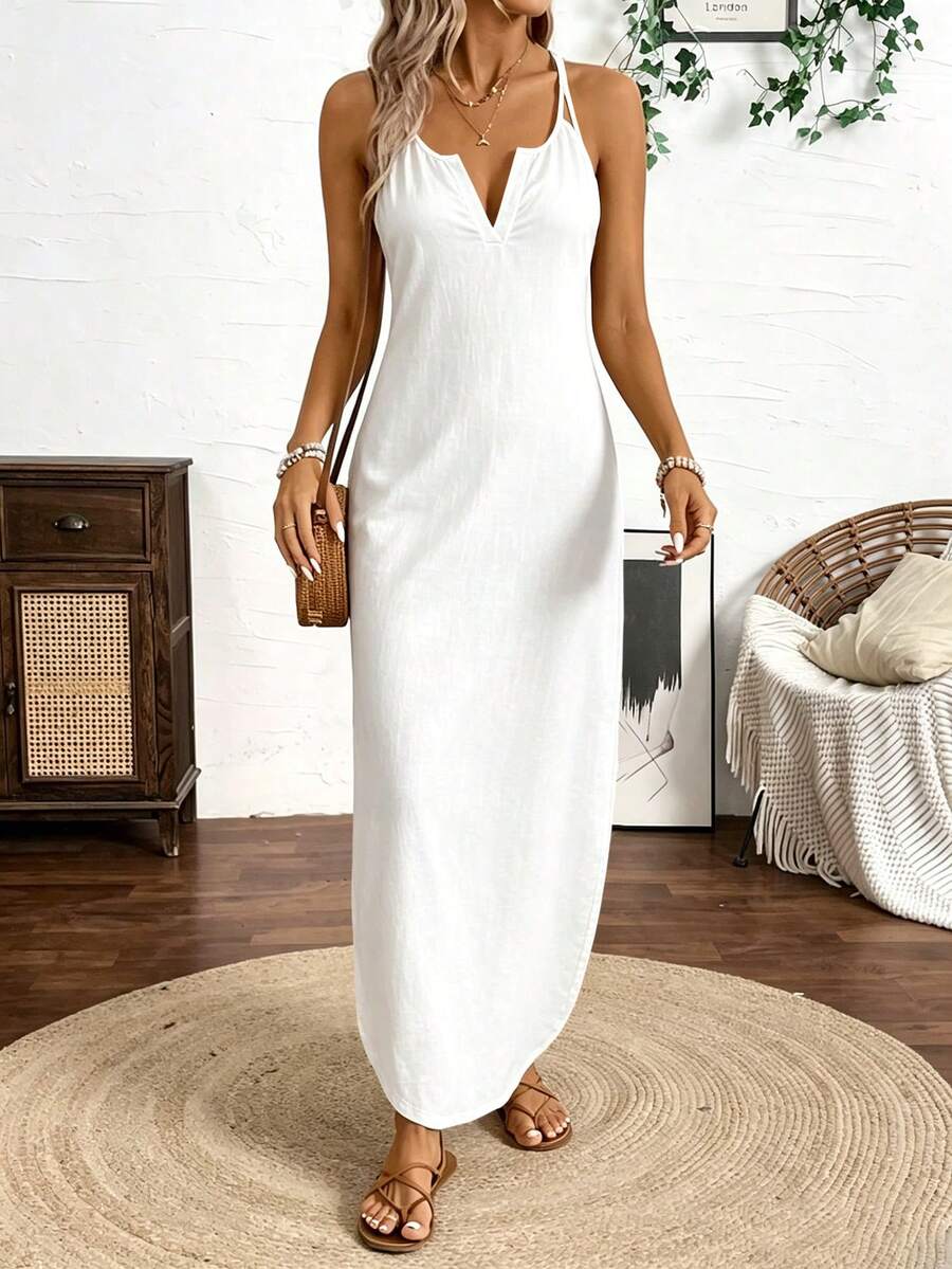 Vestido Longo de Alças com Listras Verticais e Fenda