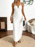 Vestido Longo de Alças com Listras Verticais e Fenda