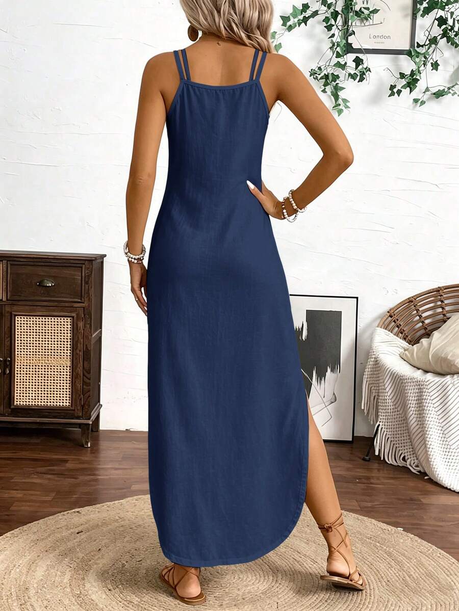 Vestido Longo de Alças com Listras Verticais e Fenda
