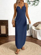 Vestido Longo de Alças com Listras Verticais e Fenda