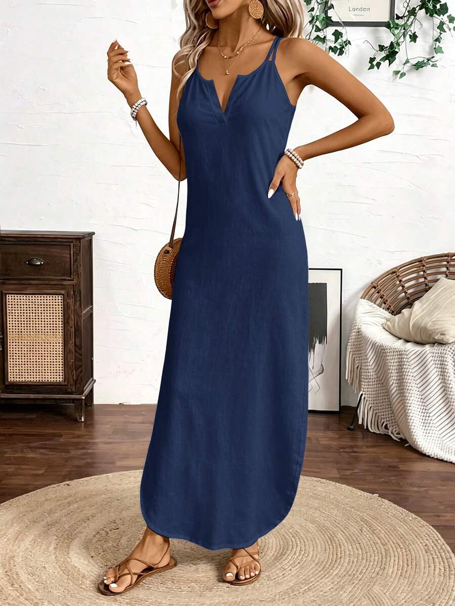 Vestido Longo de Alças com Listras Verticais e Fenda