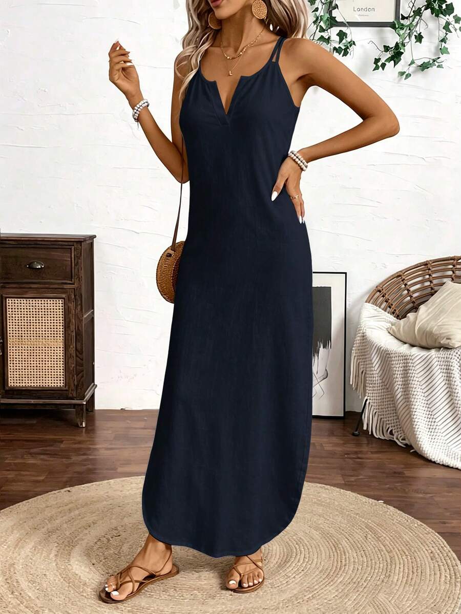 Vestido Longo de Alças com Listras Verticais e Fenda - La Lecce