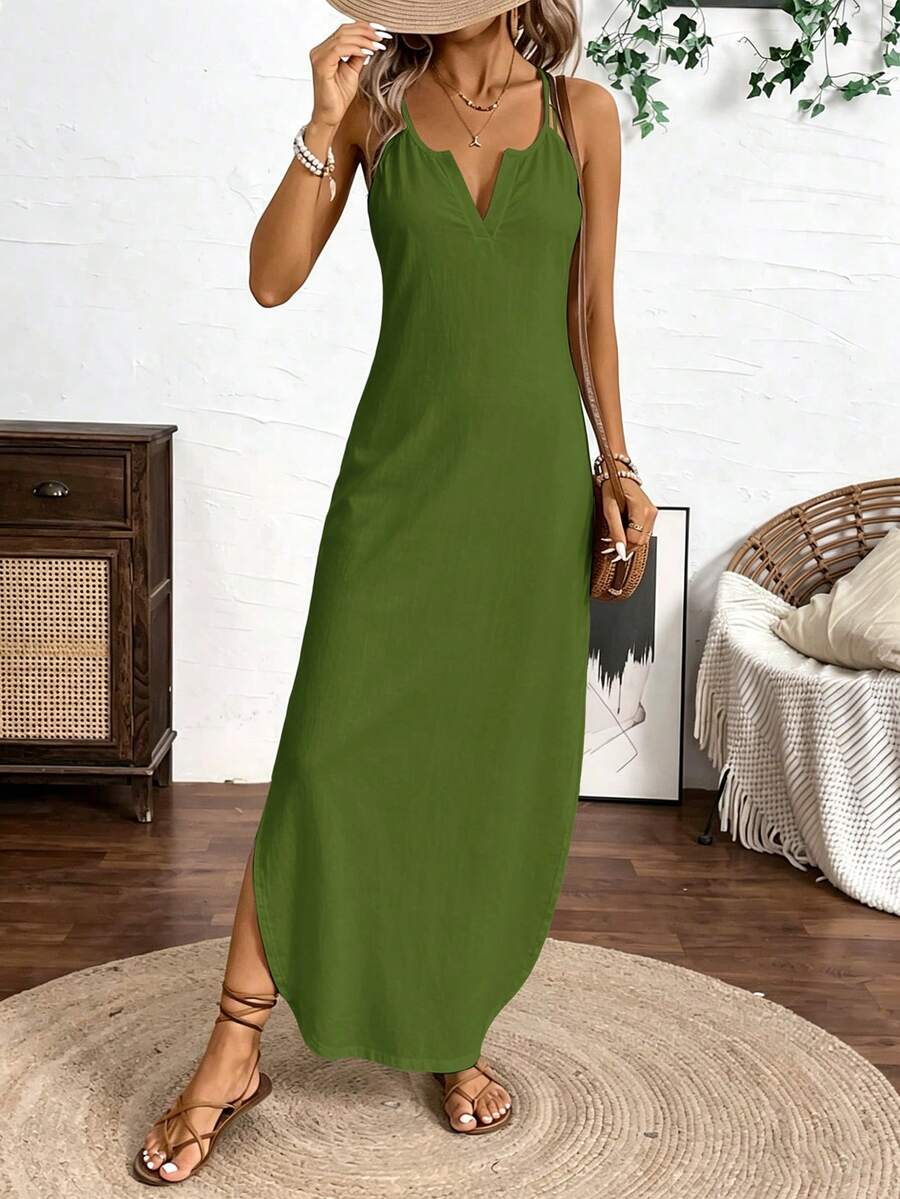 Vestido Longo de Alças com Listras Verticais e Fenda - La Lecce
