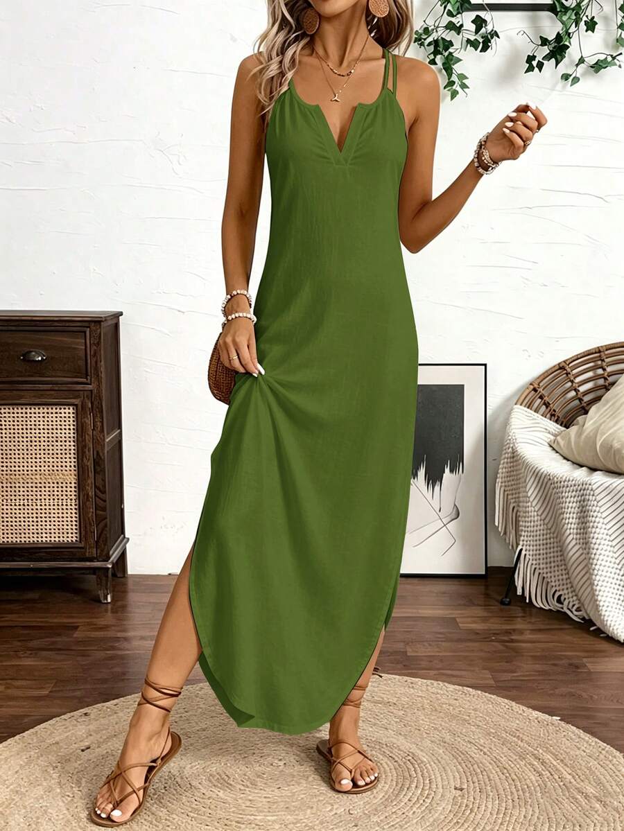 Vestido Longo de Alças com Listras Verticais e Fenda - La Lecce
