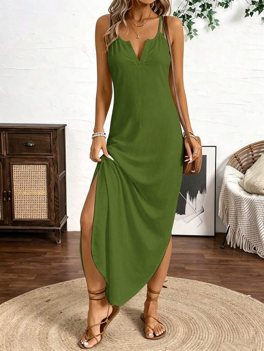 Vestido Longo de Alças com Listras Verticais e Fenda