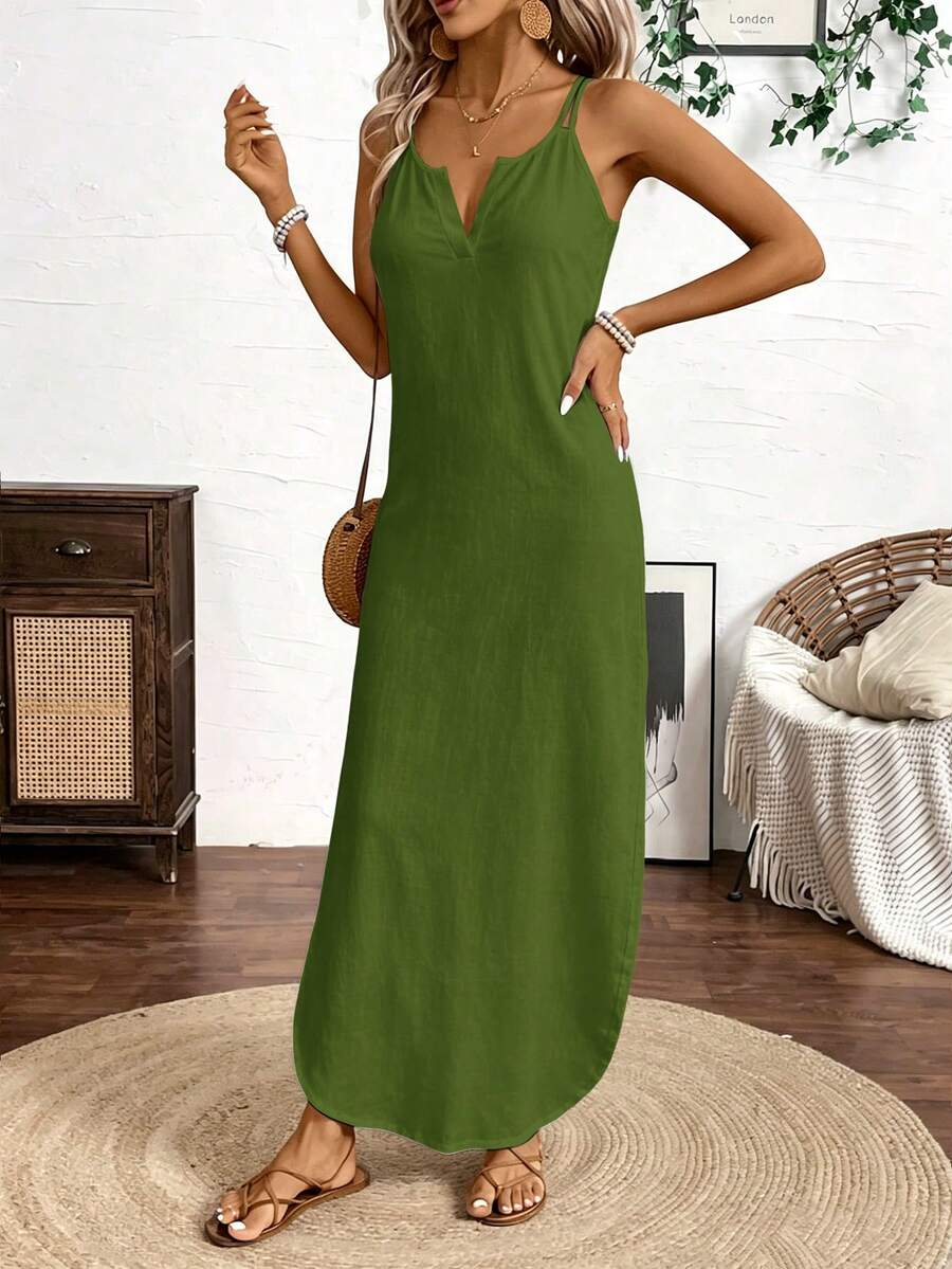 Vestido Longo de Alças com Listras Verticais e Fenda