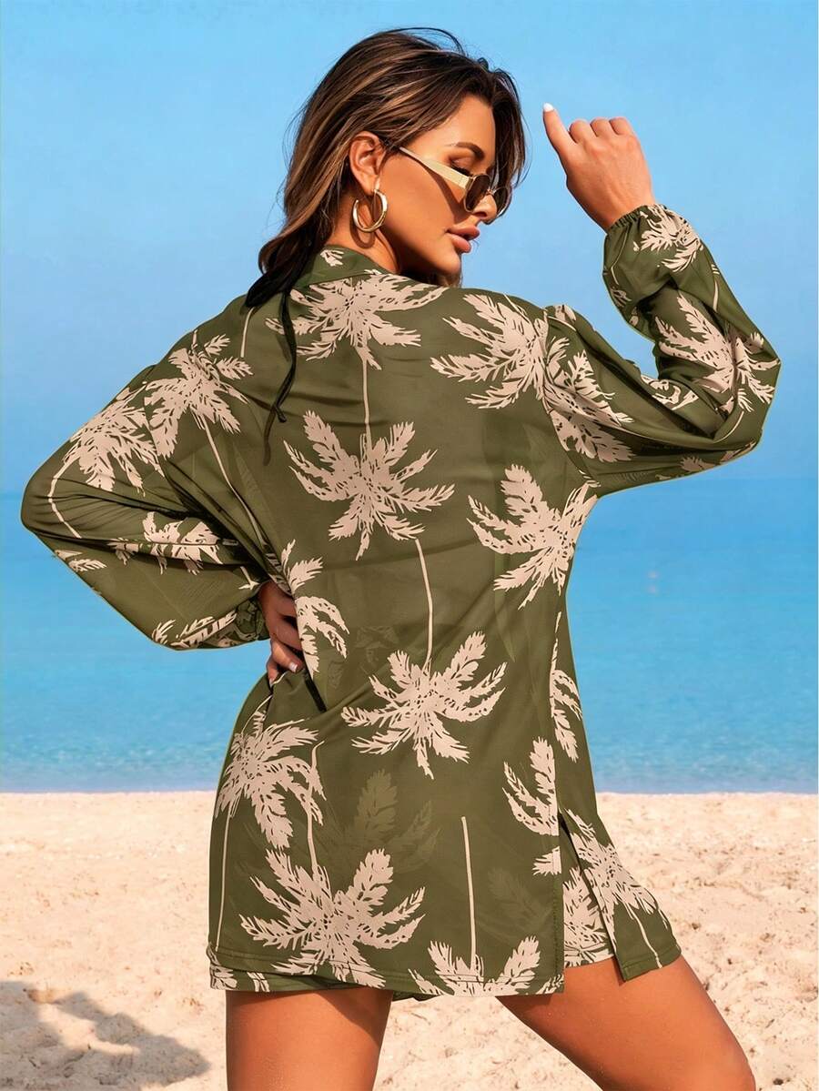 Conjunto de Praia 3 Peças com Kimono de Tela e Shorts Estampados