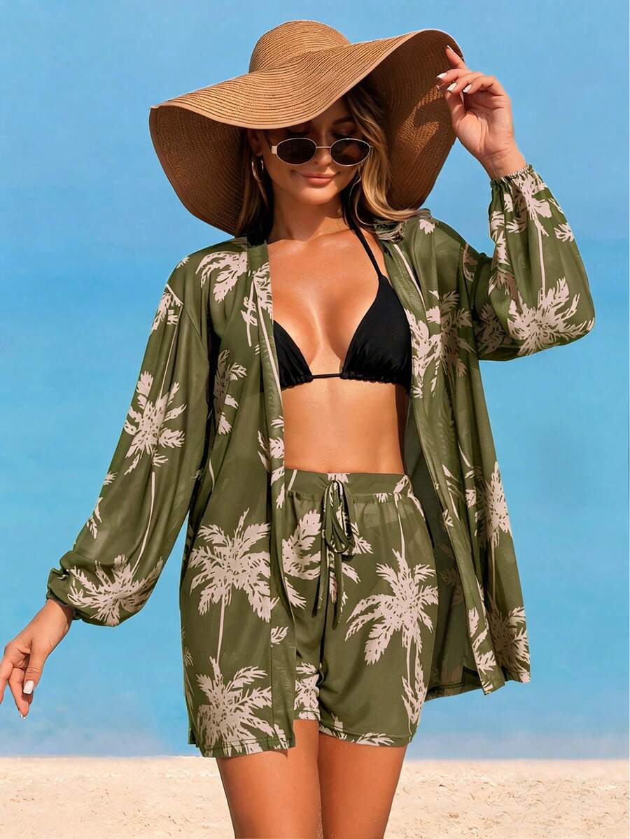 Conjunto de Praia 3 Peças com Kimono de Tela e Shorts Estampados