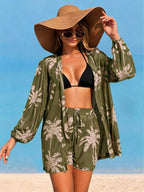 Conjunto de Praia 3 Peças com Kimono de Tela e Shorts Estampados