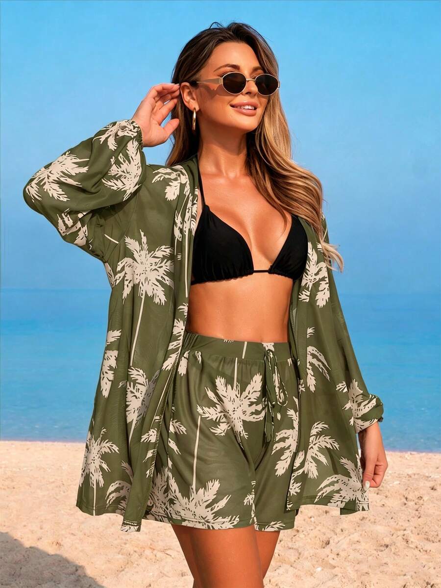 Conjunto de Praia 3 Peças com Kimono de Tela e Shorts Estampados
