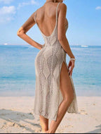 Vestido de Tricô Praia Acinturado com Fendas Laterais