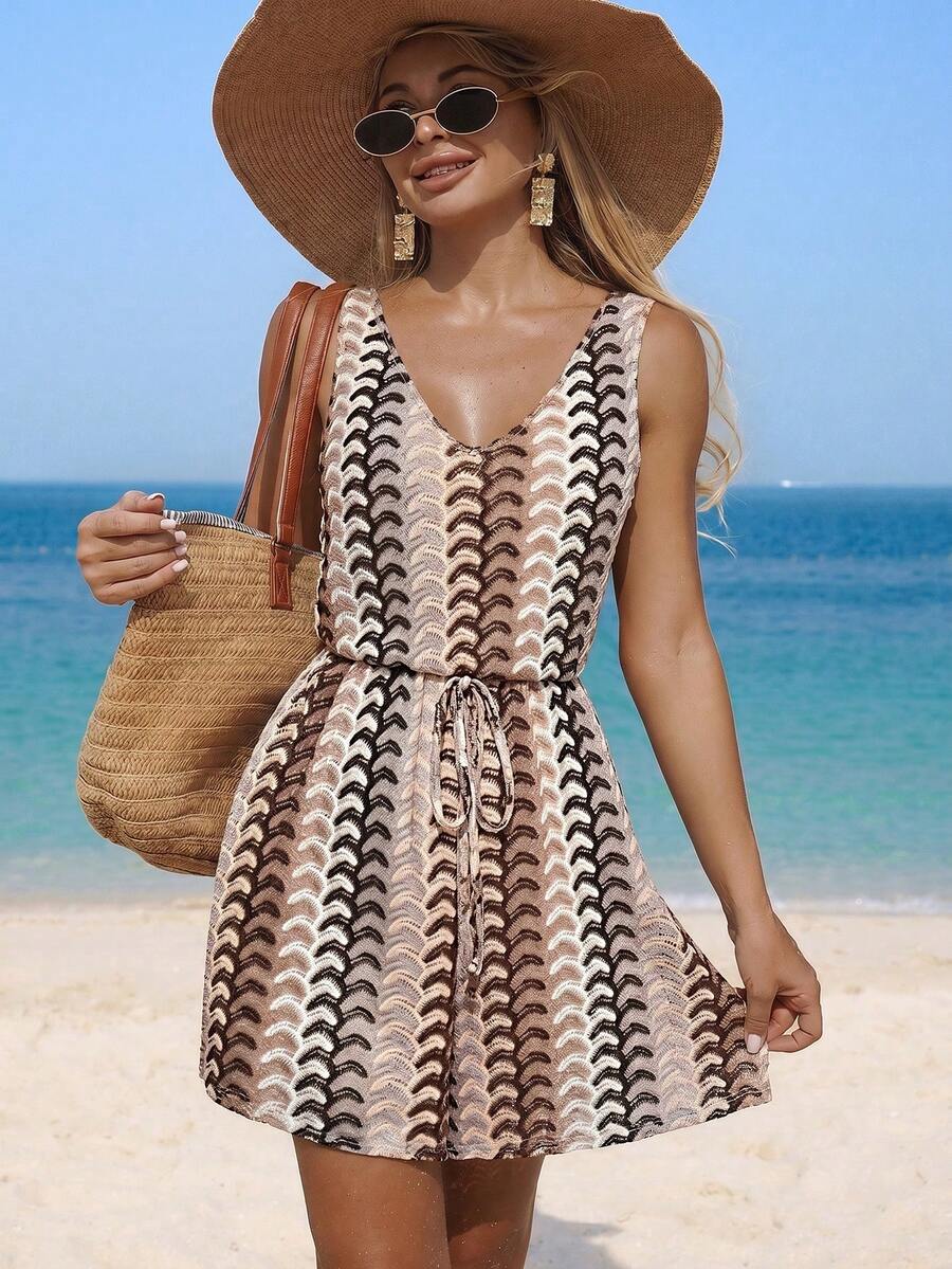 Vestido Saída de Praia Longo com Decote V e Laço Contrastante - La Lecce