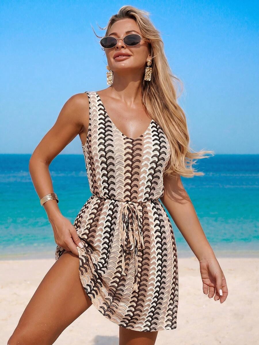 Vestido Saída de Praia Longo com Decote V e Laço Contrastante - La Lecce