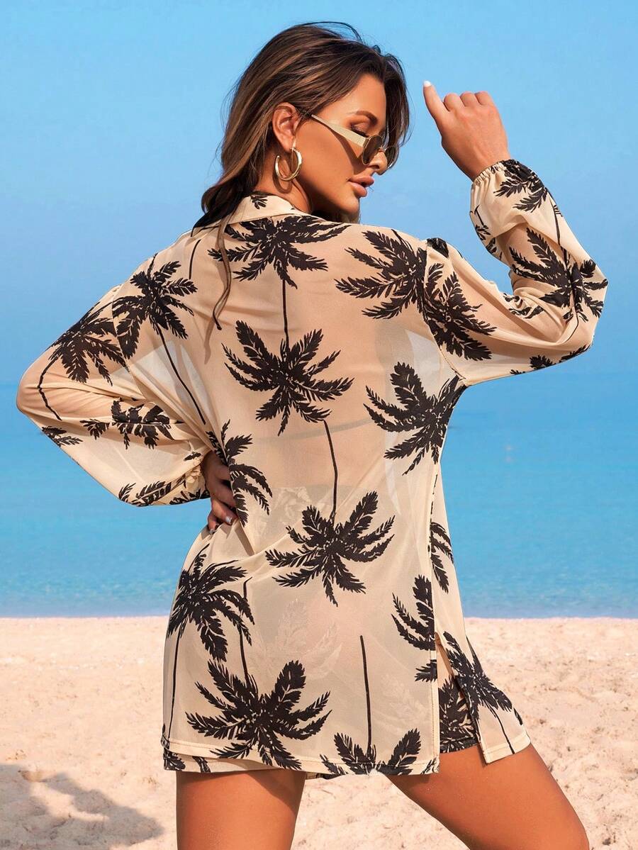 Conjunto de Praia 3 Peças com Kimono de Tela e Shorts Estampados