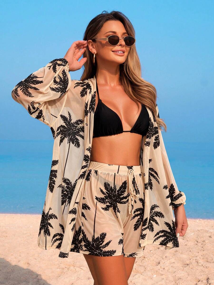 Conjunto de Praia 3 Peças com Kimono de Tela e Shorts Estampados
