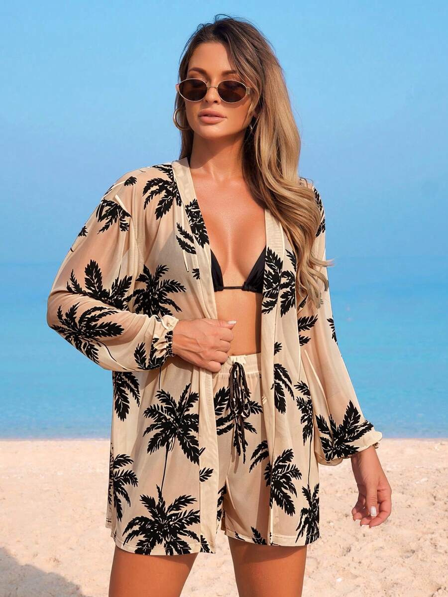Conjunto de Praia 3 Peças com Kimono de Tela e Shorts Estampados