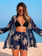 Conjunto de Praia 3 Peças com Kimono de Tela e Shorts Estampados