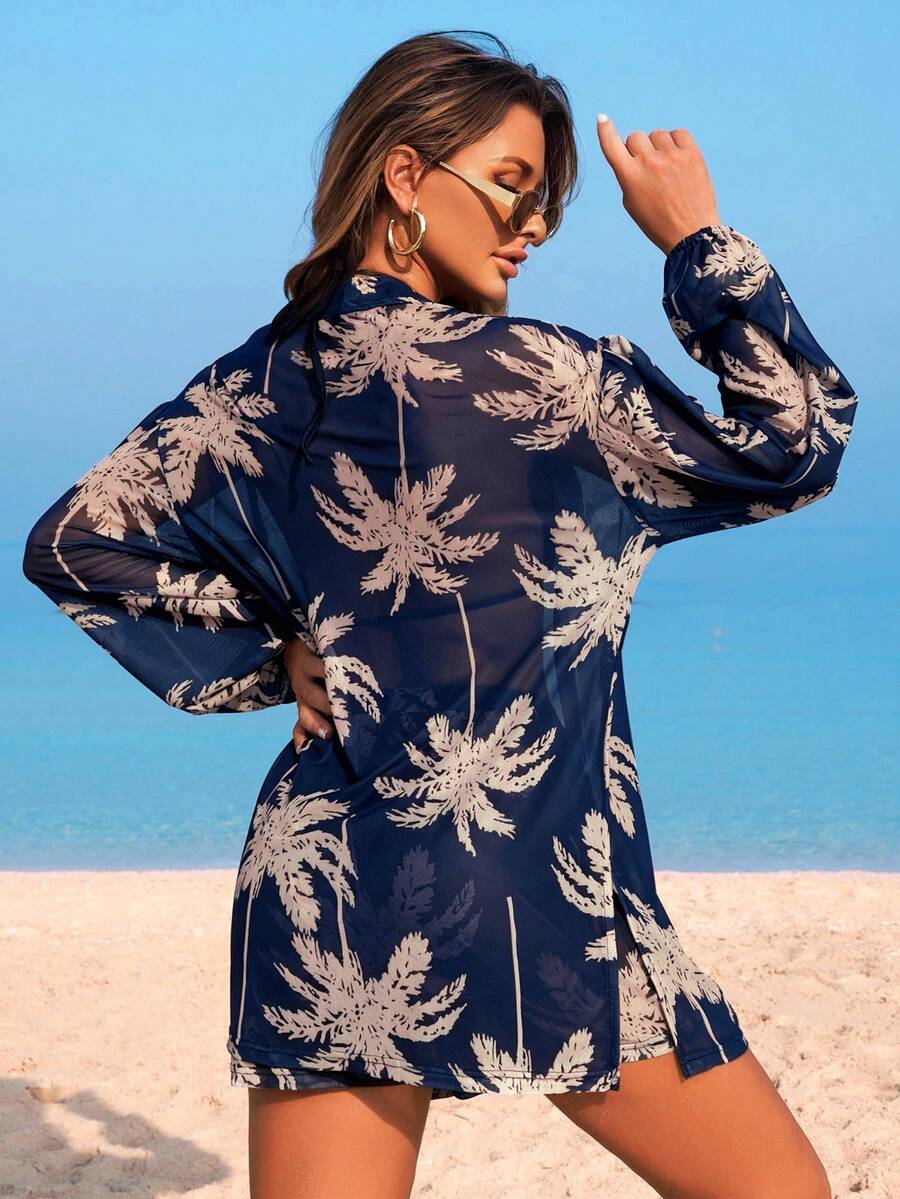 Conjunto de Praia 3 Peças com Kimono de Tela e Shorts Estampados