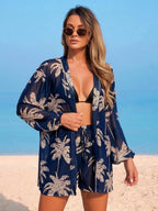 Conjunto de Praia 3 Peças com Kimono de Tela e Shorts Estampados