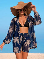 Conjunto de Praia 3 Peças com Kimono de Tela e Shorts Estampados