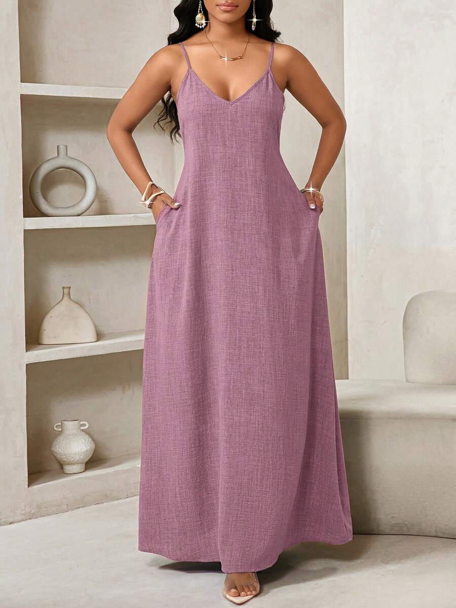 Vestido Maxi Boho de Alças com Costas Abertas e Bolsos