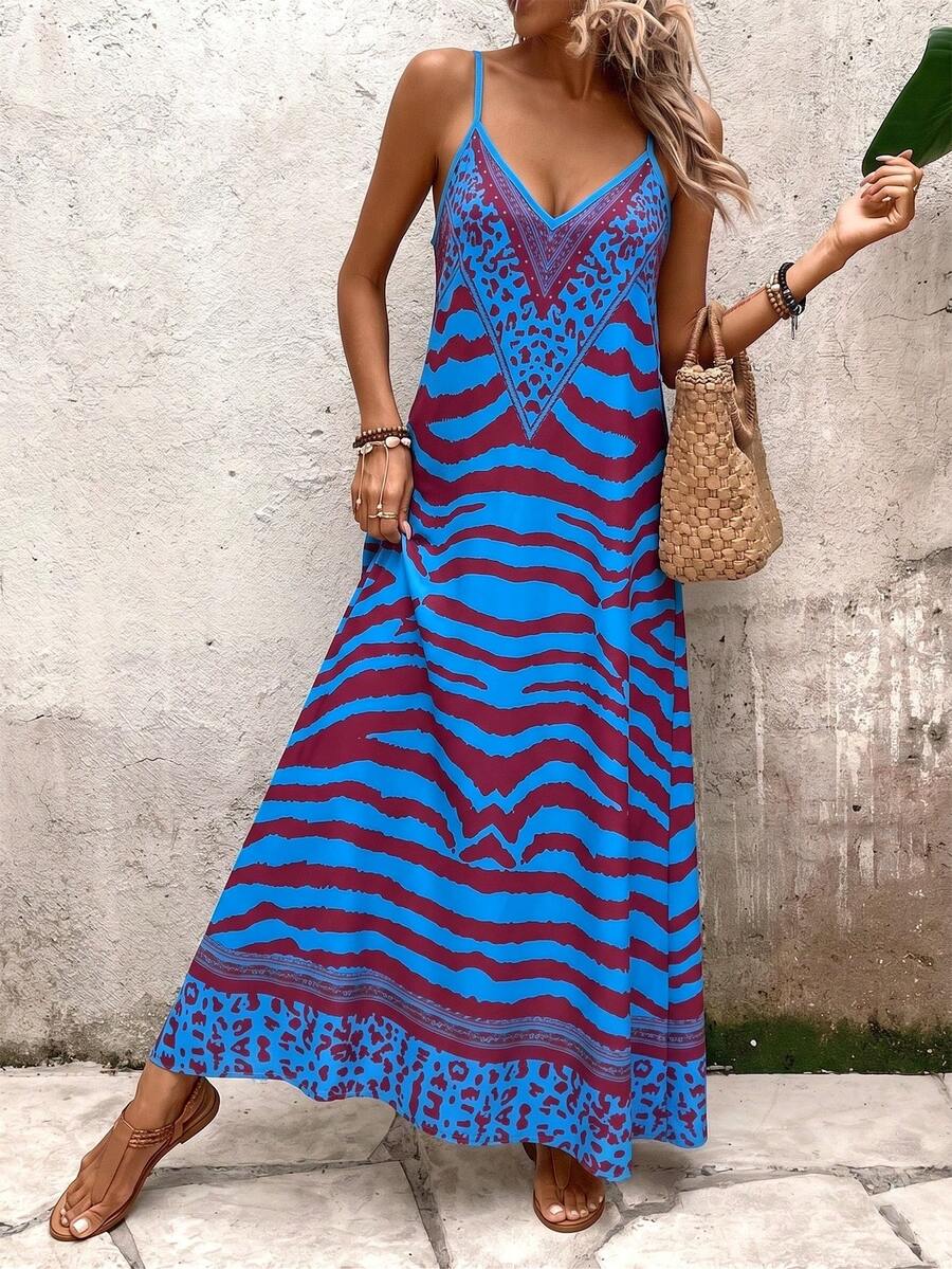 Vestido Longo Estampa de Onça com Alças Finas