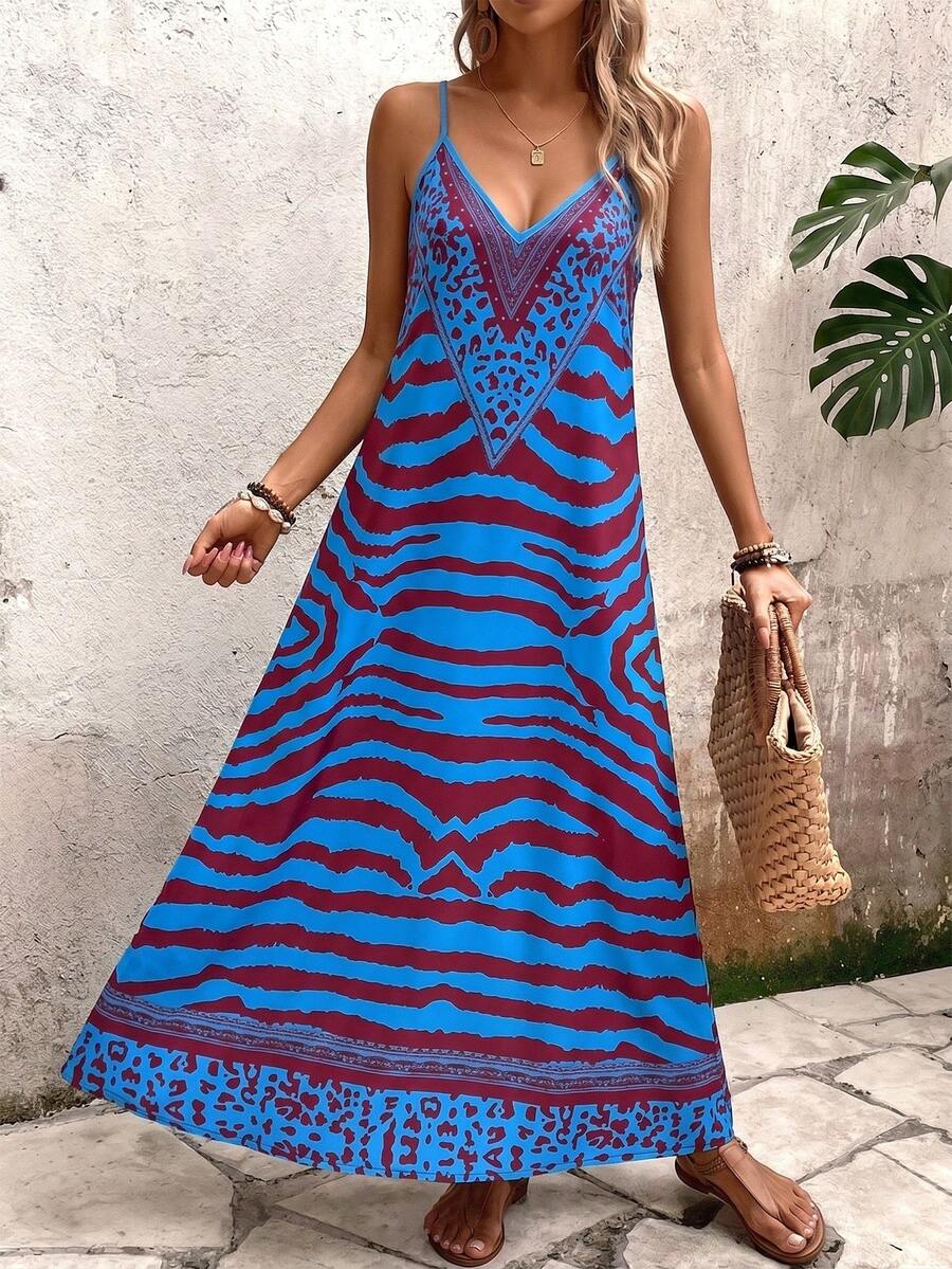Vestido Longo Estampa de Onça com Alças Finas