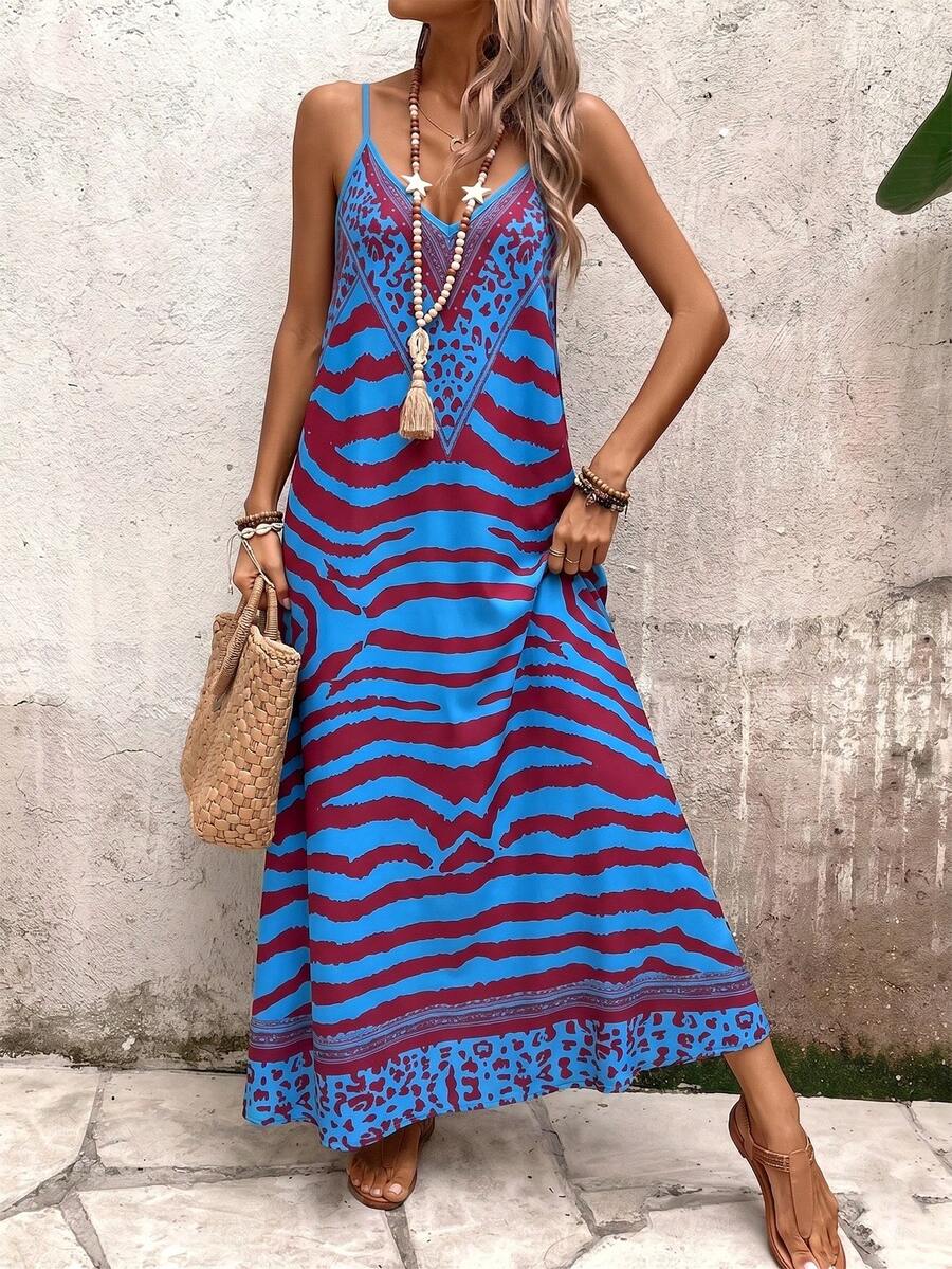 Vestido Longo Estampa de Onça com Alças Finas