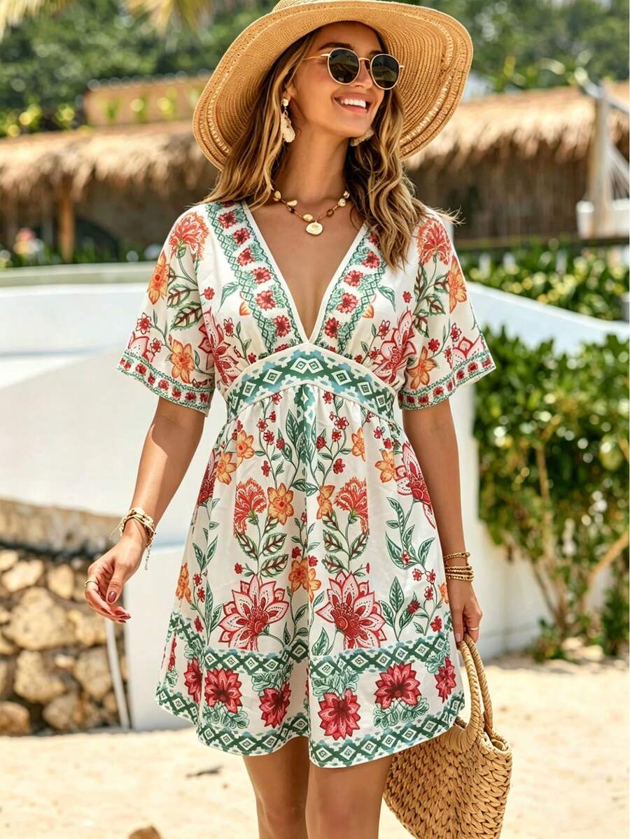 Vestido Curto de Praia com Decote V e Cintura Marcada