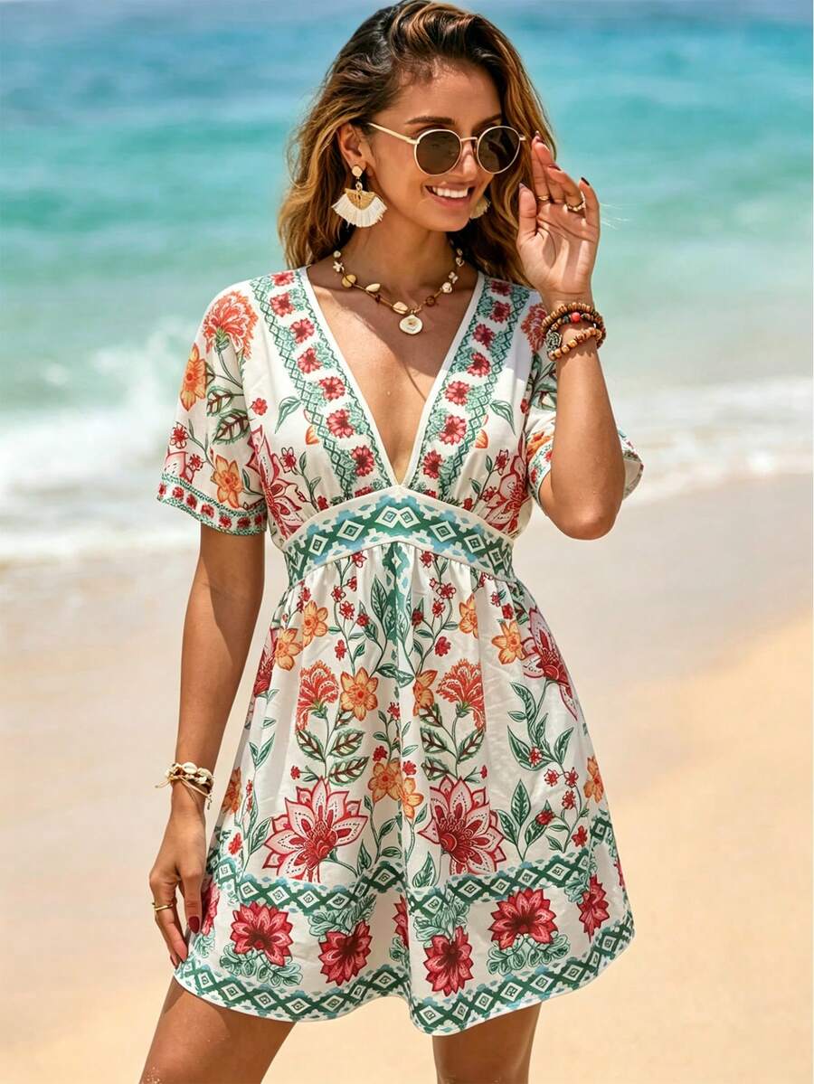 Vestido Curto de Praia com Decote V e Cintura Marcada