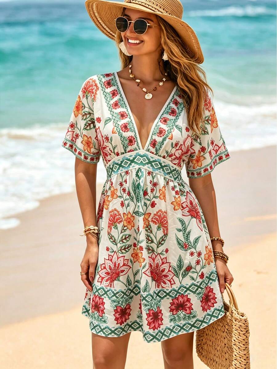 Vestido Curto de Praia com Decote V e Cintura Marcada
