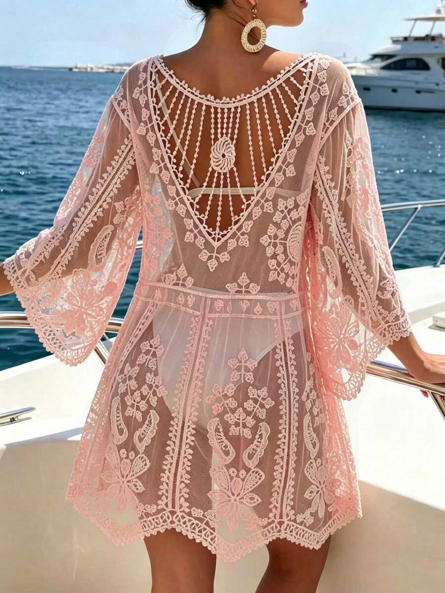 Saída de Praia Curta de Tule com Bordado Floral