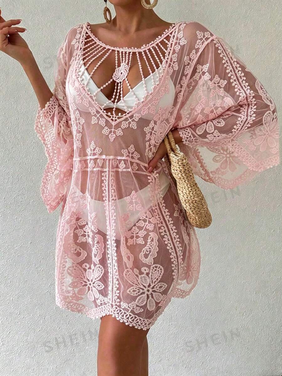 Saída de Praia Curta de Tule com Bordado Floral
