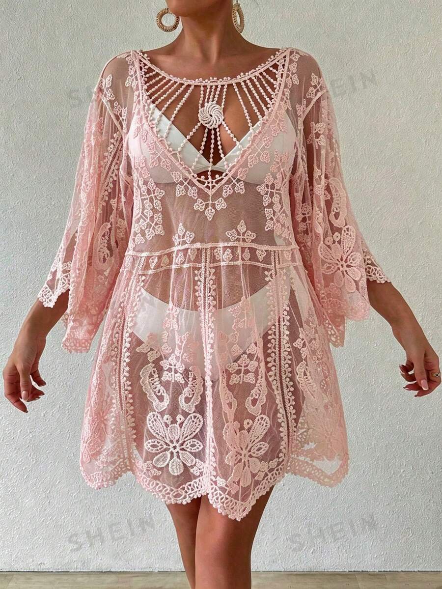 Saída de Praia Curta de Tule com Bordado Floral