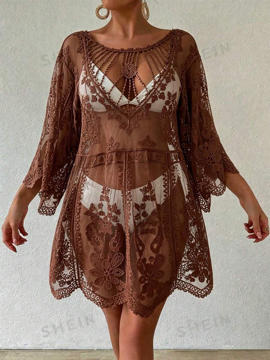 Saída de Praia Curta de Tule com Bordado Floral