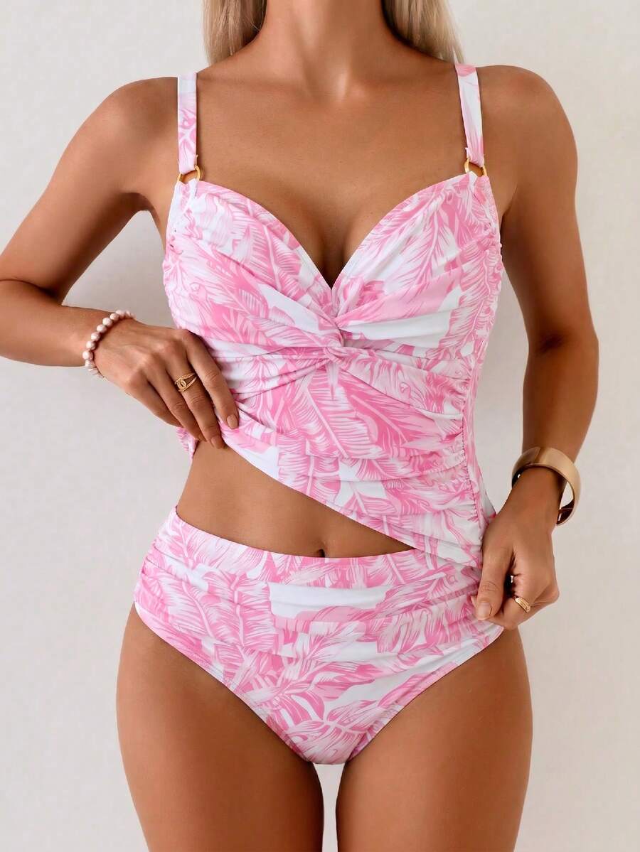 Tankini Franzido com Torção Frontal e Anel Metálico