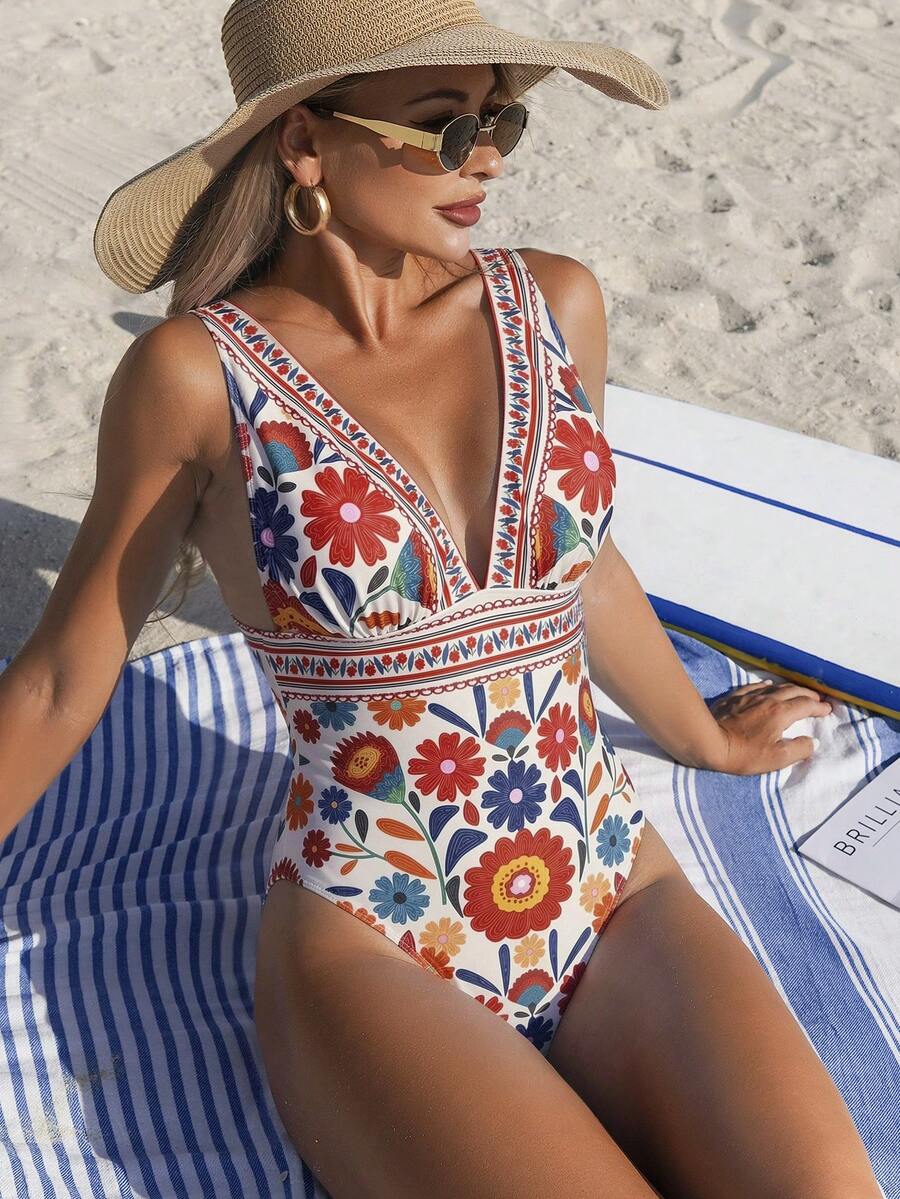 Maiô Decote V Porcelana Floral