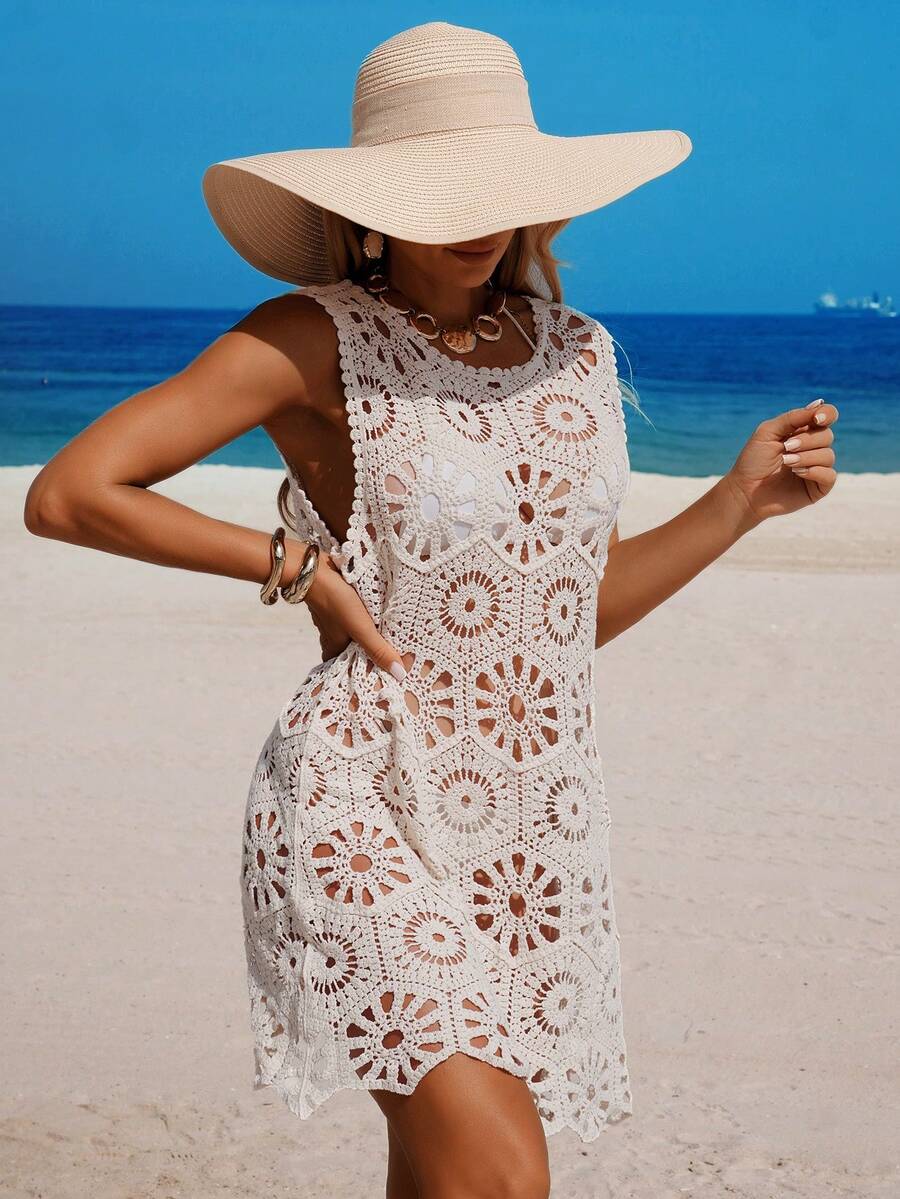 Vestido Saída de Praia Longo em Crochê com Gola Redonda - La Lecce