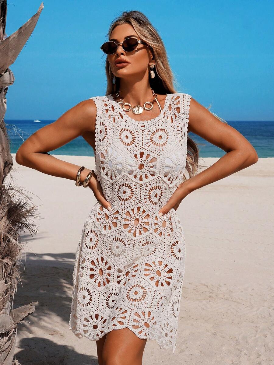 Vestido Saída de Praia Longo em Crochê com Gola Redonda - La Lecce