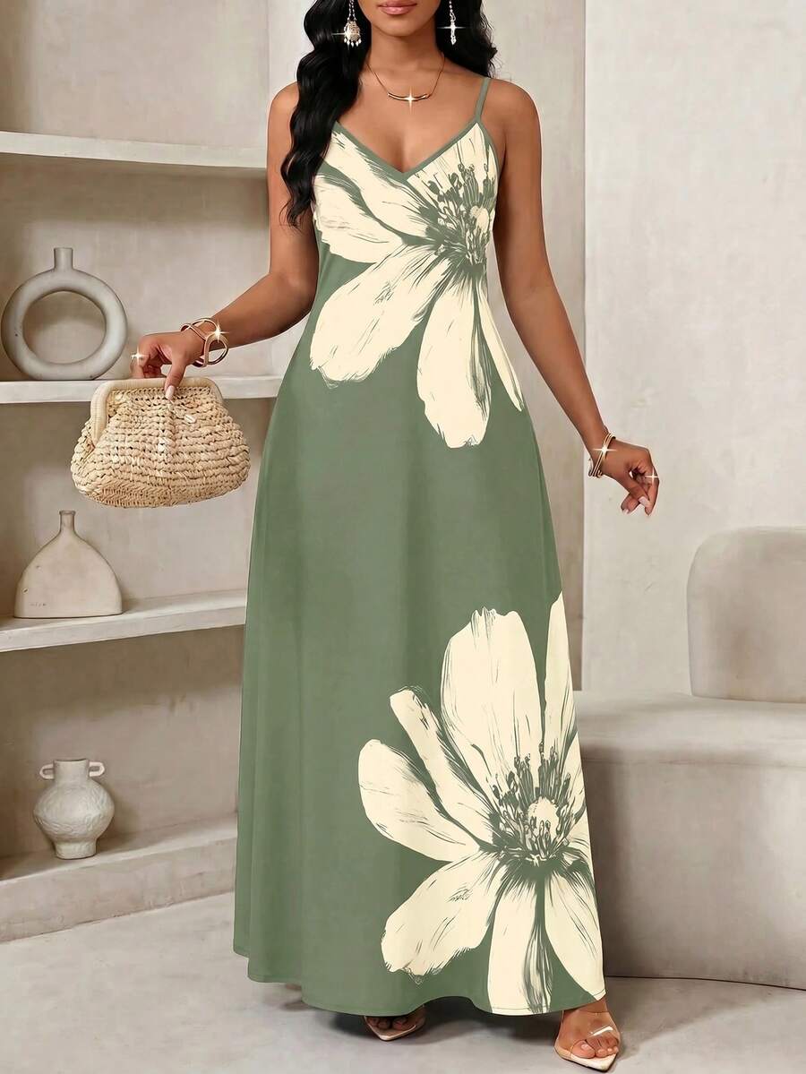 Vestido Longo Floral Decote V com Aplicação de Rosa 3D